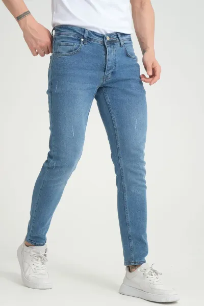 Erkek Kot Pantolon Orta Mavi Destroy Skinny Fit Jeans