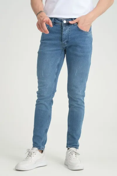 Erkek Kot Pantolon Orta Mavi Destroy Skinny Fit Jeans 30