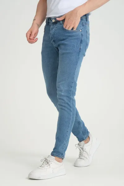 Erkek Kot Pantolon Orta Mavi Destroy Skinny Fit Jeans 32