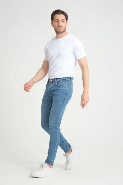 Erkek Kot Pantolon Orta Mavi Destroy Skinny Fit Jeans 32