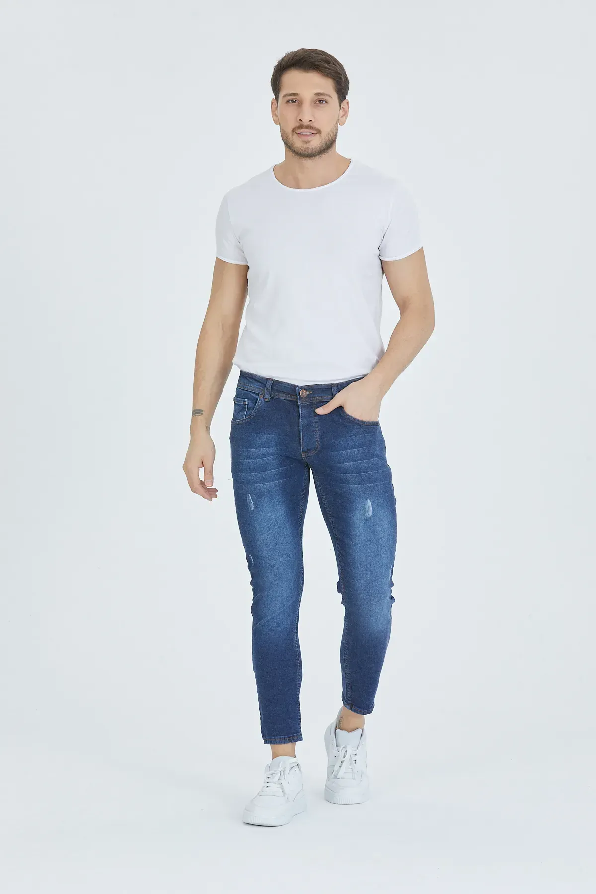 Erkek Kot Pantolon Düşük Bel Mavi Tırnaklı Skinny Fit Jeans