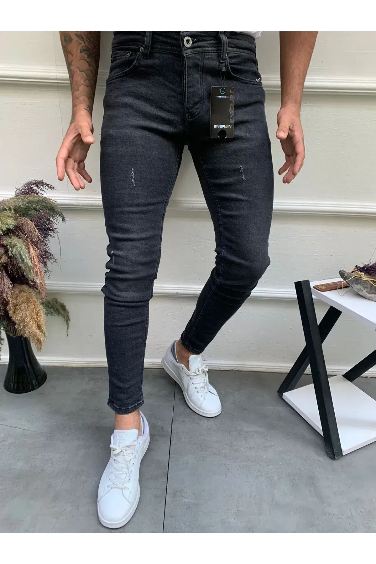 Erkek Antrasit Tırnaklı Skinny Fit Jeans