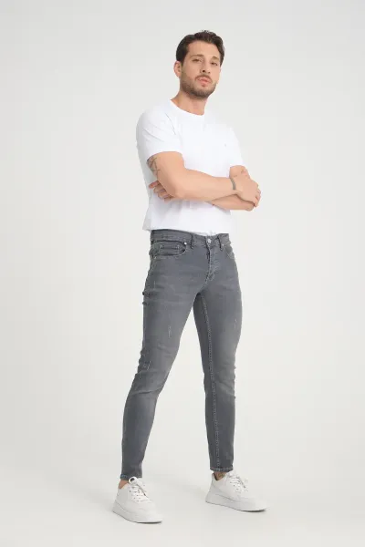 Erkek Kot Pantolon Gri Tırnaklı Skinny Fit Jeans
