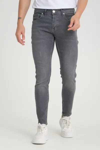 Erkek Kot Pantolon Gri Tırnaklı Skinny Fit Jeans