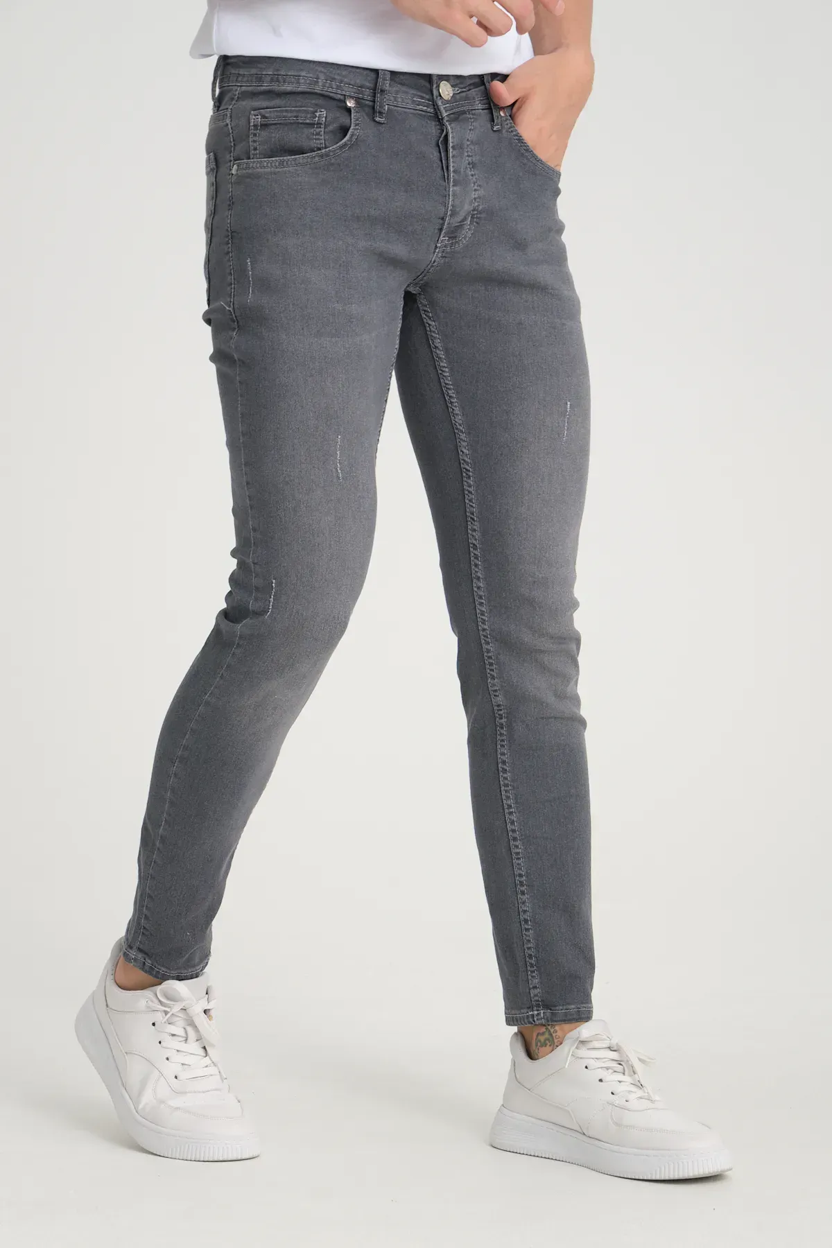 Erkek Kot Pantolon Gri Tırnaklı Skinny Fit Jeans