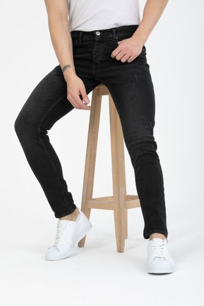 Erkek Kot Pantolon Siyah Tırnaklı Skinny Fit Jeans