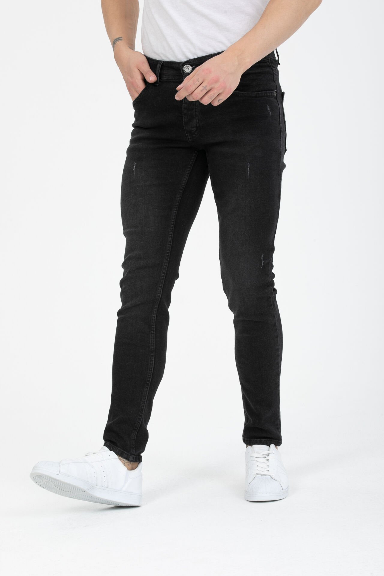 Erkek Kot Pantolon Siyah Tırnaklı Skinny Fit Jeans