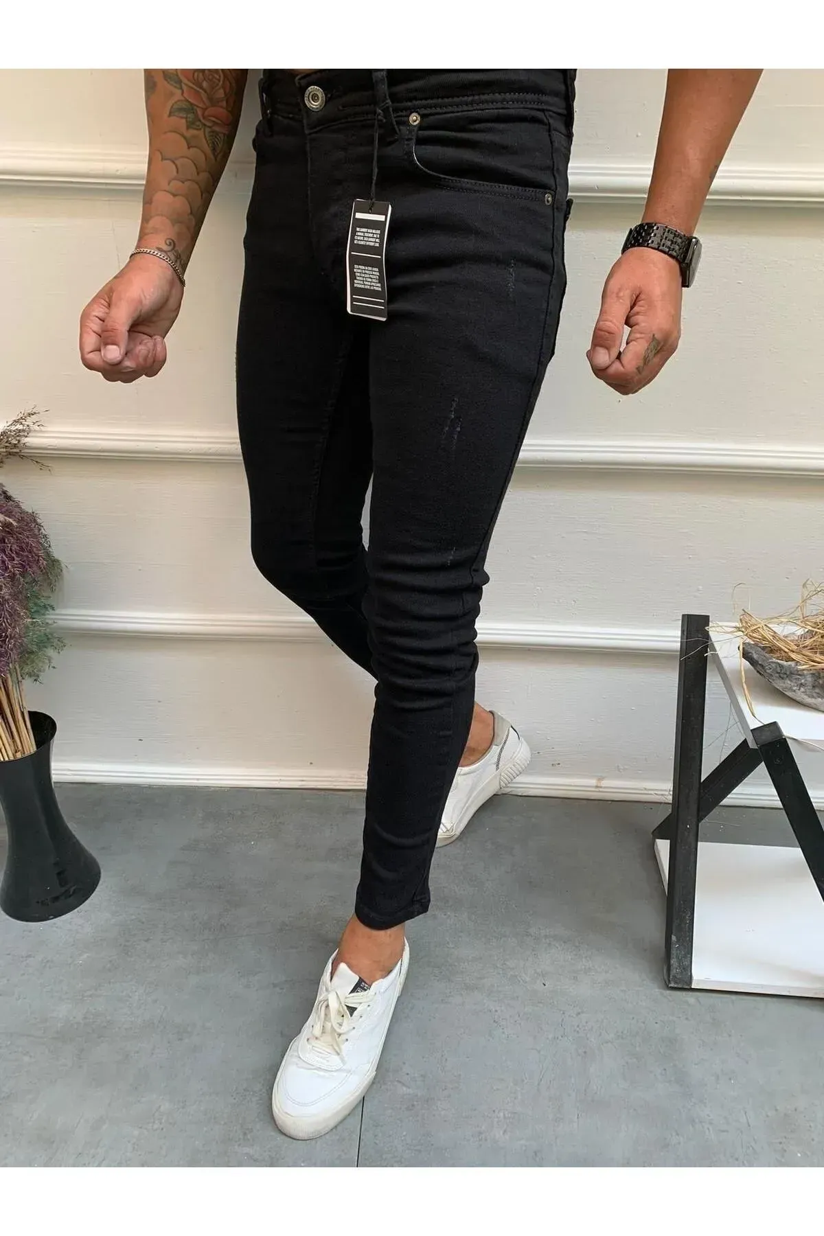 Erkek Kot Pantolon Siyah Tırnaklı Skinny Fit Jeans 30