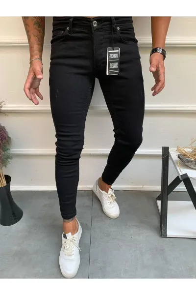 Erkek Kot Pantolon Siyah Tırnaklı Skinny Fit Jeans 32