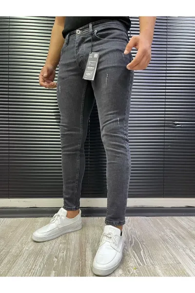 Erkek Kot Pantolon Gri Skinny Fit Tırnaklı Jeans 38