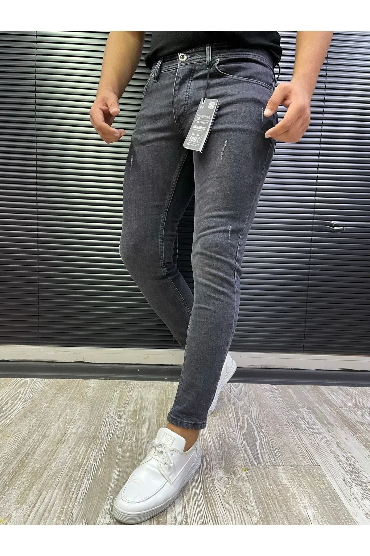 Erkek Kot Pantolon Gri Skinny Fit Tırnaklı Jeans 33