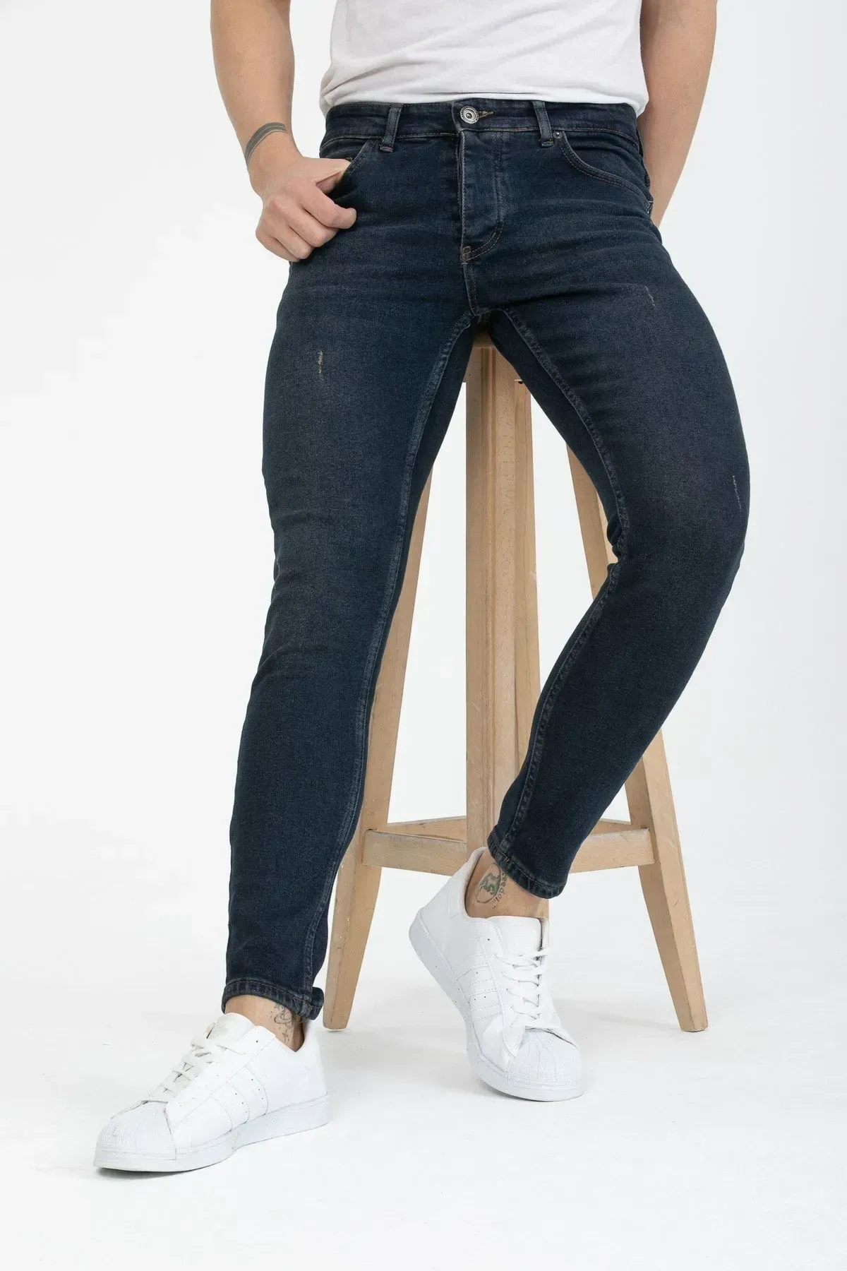 Erkek Kot Pantolon Mavi-kahve Destroy Skinny Fit Jeans 32