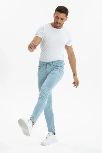 Erkek Kot Pantolon Skinny Fit Tırnaklı Likralı Buz Mavi Jeans