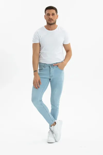 Erkek Kot Pantolon Skinny Fit Tırnaklı Likralı Buz Mavi Jeans