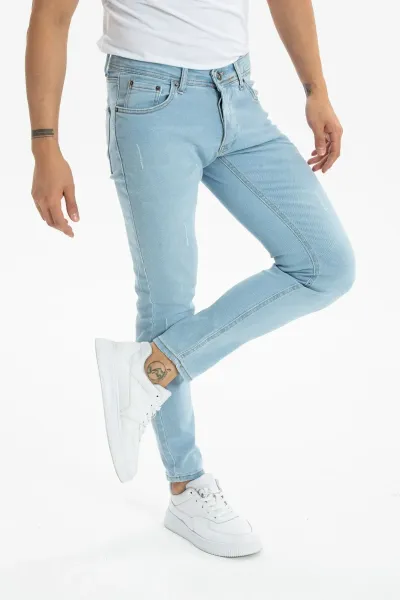 Erkek Kot Pantolon Skinny Fit Tırnaklı Likralı Buz Mavi Jeans