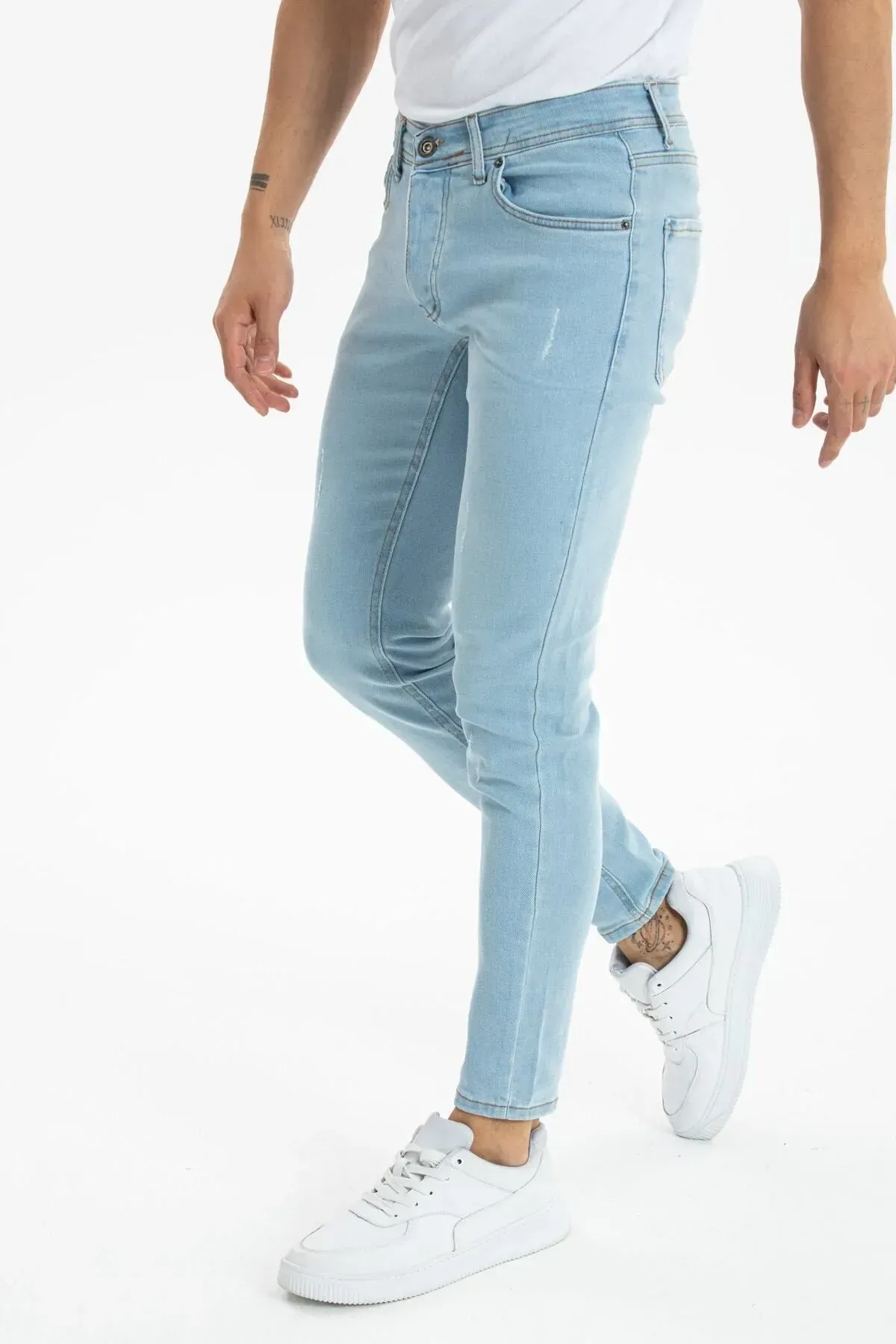 Erkek Skinny Fit Likralı Buz Mavi Tırnaklı