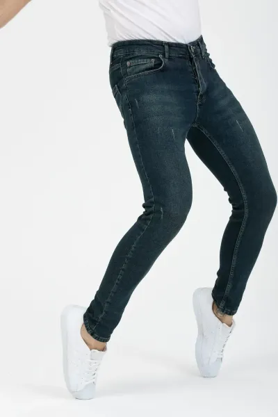 Erkek Tırnaklı Skinny Fit Mavi Yeşil Tint Jeans Pantolon