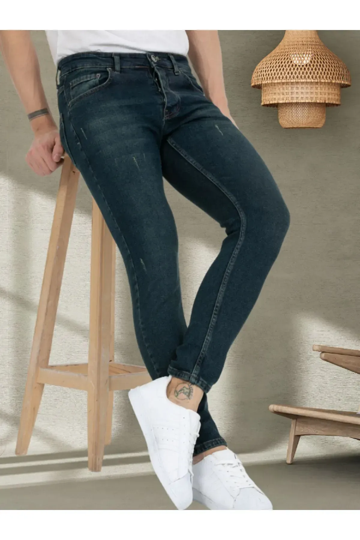 Erkek Tırnaklı Skinny Fit Mavi Yeşil Tint Jeans Pantolon