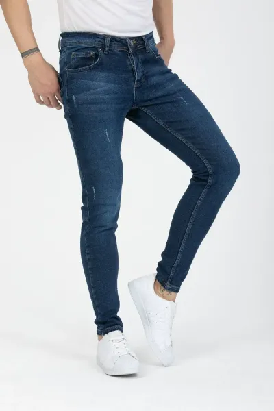 Erkek Kot Pantolon Mavi Tırnaklı Skinny Fit Jeans