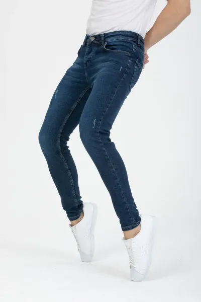 Erkek Kot Pantolon Mavi Tırnaklı Skinny Fit Jeans