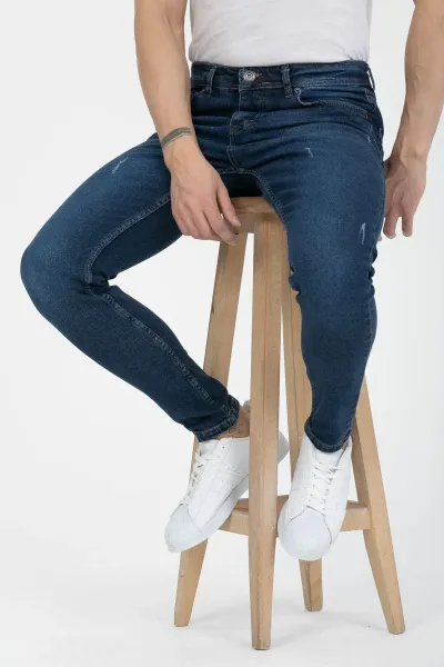 Erkek Kot Pantolon Mavi Tırnaklı Skinny Fit Jeans 30