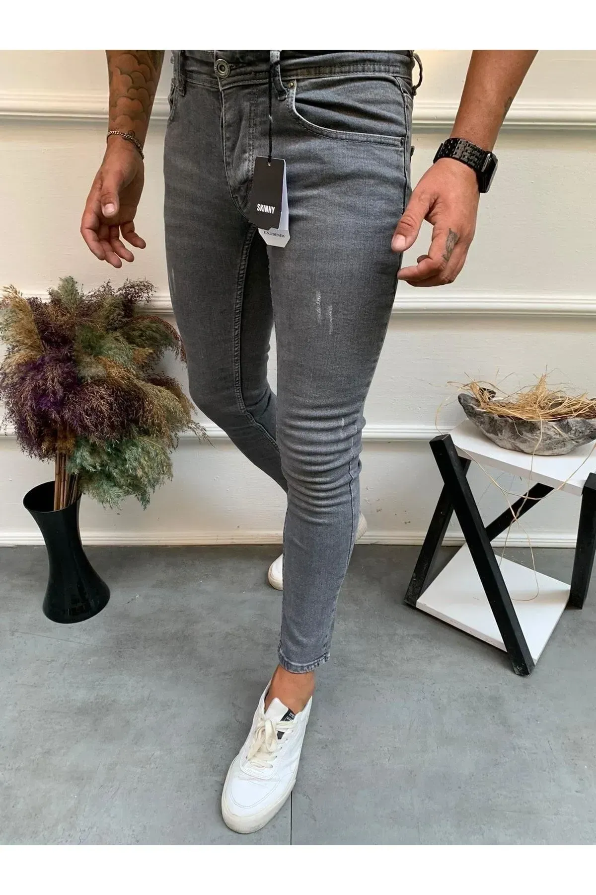 Erkek Kot Pantolon Gri Skinnyfit Likralı Jeans