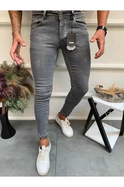 Erkek Kot Pantolon Gri Skinnyfit Likralı Jeans 32