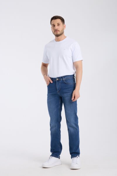 Erkek Kot Pantolon Mavi Regular Fit Fermuarlı Jeans