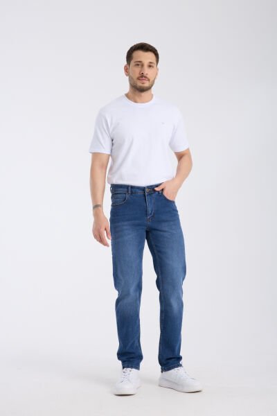 Erkek Kot Pantolon Mavi Regular Fit Fermuarlı Jeans