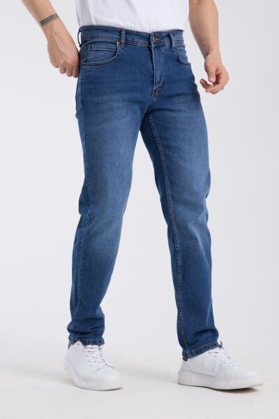 Erkek Kot Pantolon Mavi Regular Fit Fermuarlı Jeans