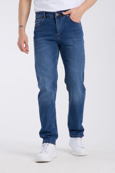 Erkek Kot Pantolon Mavi Regular Fit Fermuarlı Jeans
