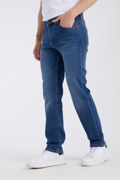 Erkek Kot Pantolon Mavi Regular Fit Fermuarlı Jeans