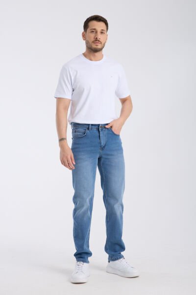 Erkek Kot Pantolon Orta Mavi Regular Fit Fermuarlı Jeans