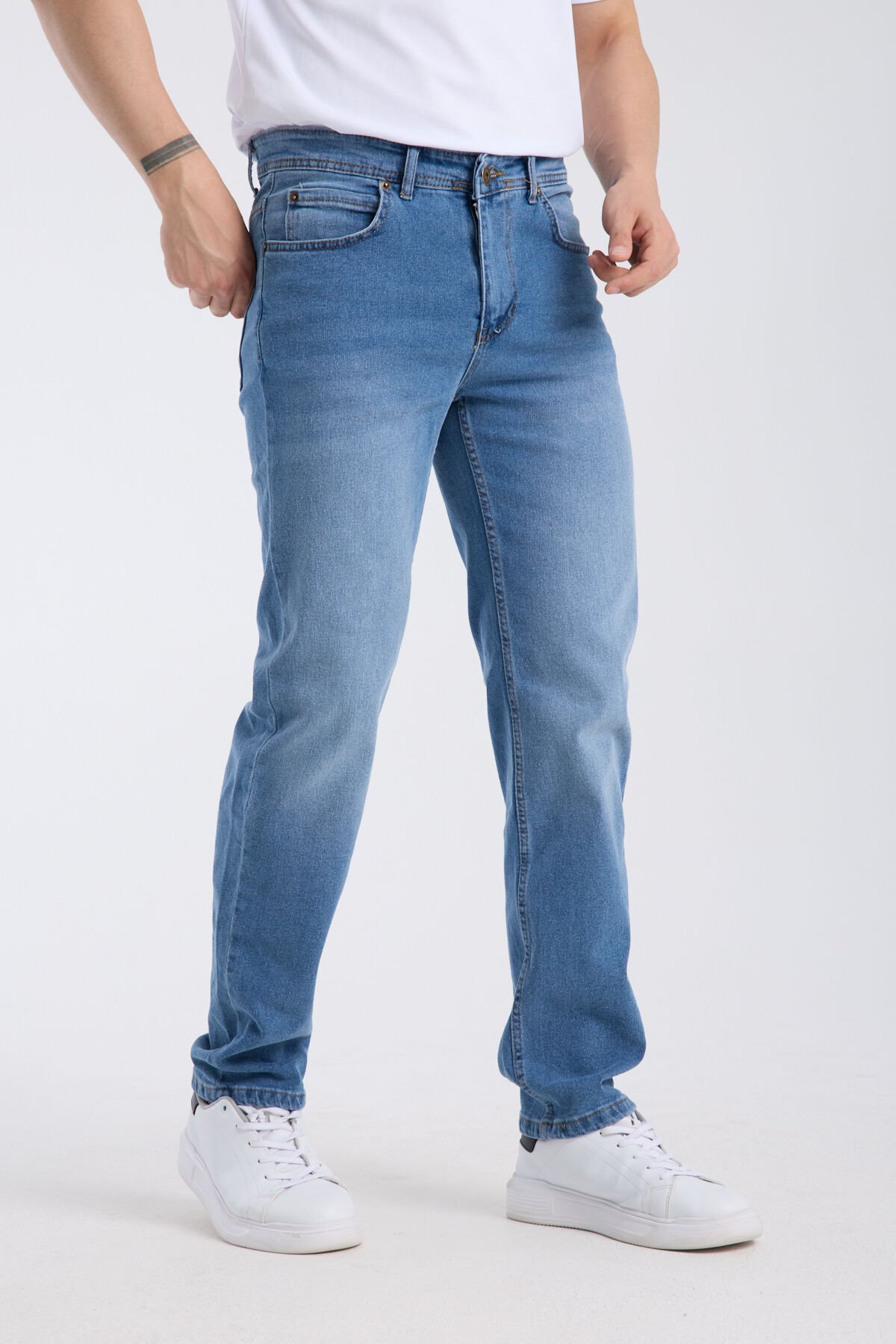 Erkek Kot Pantolon Orta Mavi Regular Fit Fermuarlı Jeans