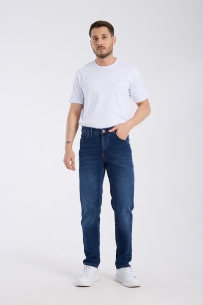 Erkek Kot Pantolon Koyu Mavi Regular Fit Fermuarlı Jeans
