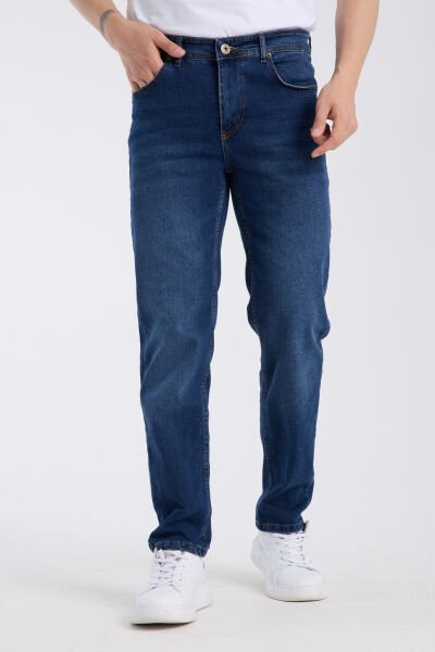 Erkek Kot Pantolon Koyu Mavi Regular Fit Fermuarlı Jeans