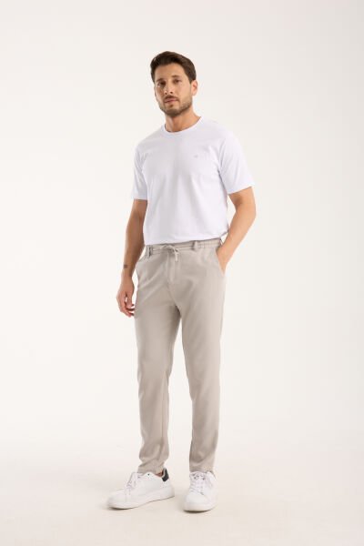 Erkek Jogger Bel Lastikli Düğmeli Fermuarlı Bağcıklı Likralı Bej Pantolon