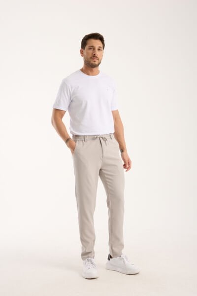 Erkek Jogger Bel Lastikli Düğmeli Fermuarlı Bağcıklı Bej lycrasız Pantolon
