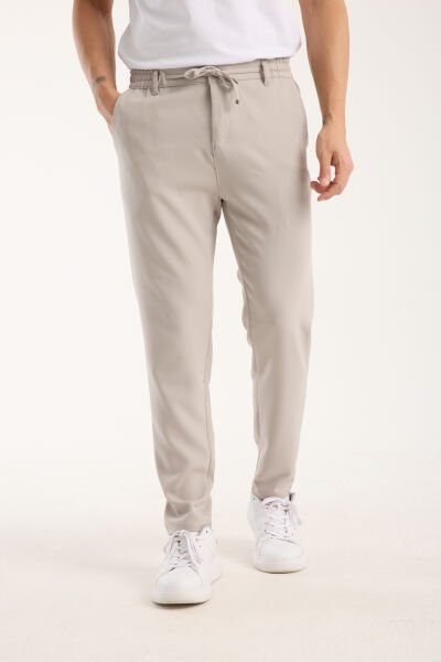 Erkek Jogger Bel Lastikli Düğmeli Fermuarlı Bağcıklı Likralı Bej Pantolon