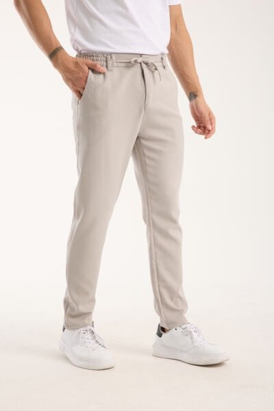 Erkek Jogger Bel Lastikli Düğmeli Fermuarlı Bağcıklı Bej lycrasız Pantolon