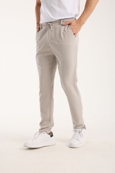 Erkek Jogger Bel Lastikli Düğmeli Fermuarlı Bağcıklı Bej lycrasız Pantolon