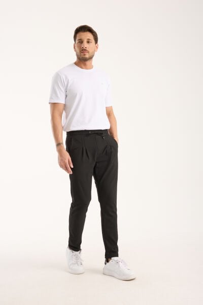 Erkek Jogger Pileli Bel Lastikli Bağcıklı Likralı Siyah Pantolon