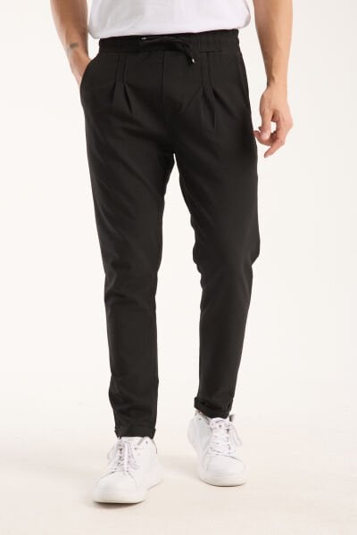 Erkek Jogger Pileli Bel Lastikli Bağcıklı Likralı Siyah Pantolon
