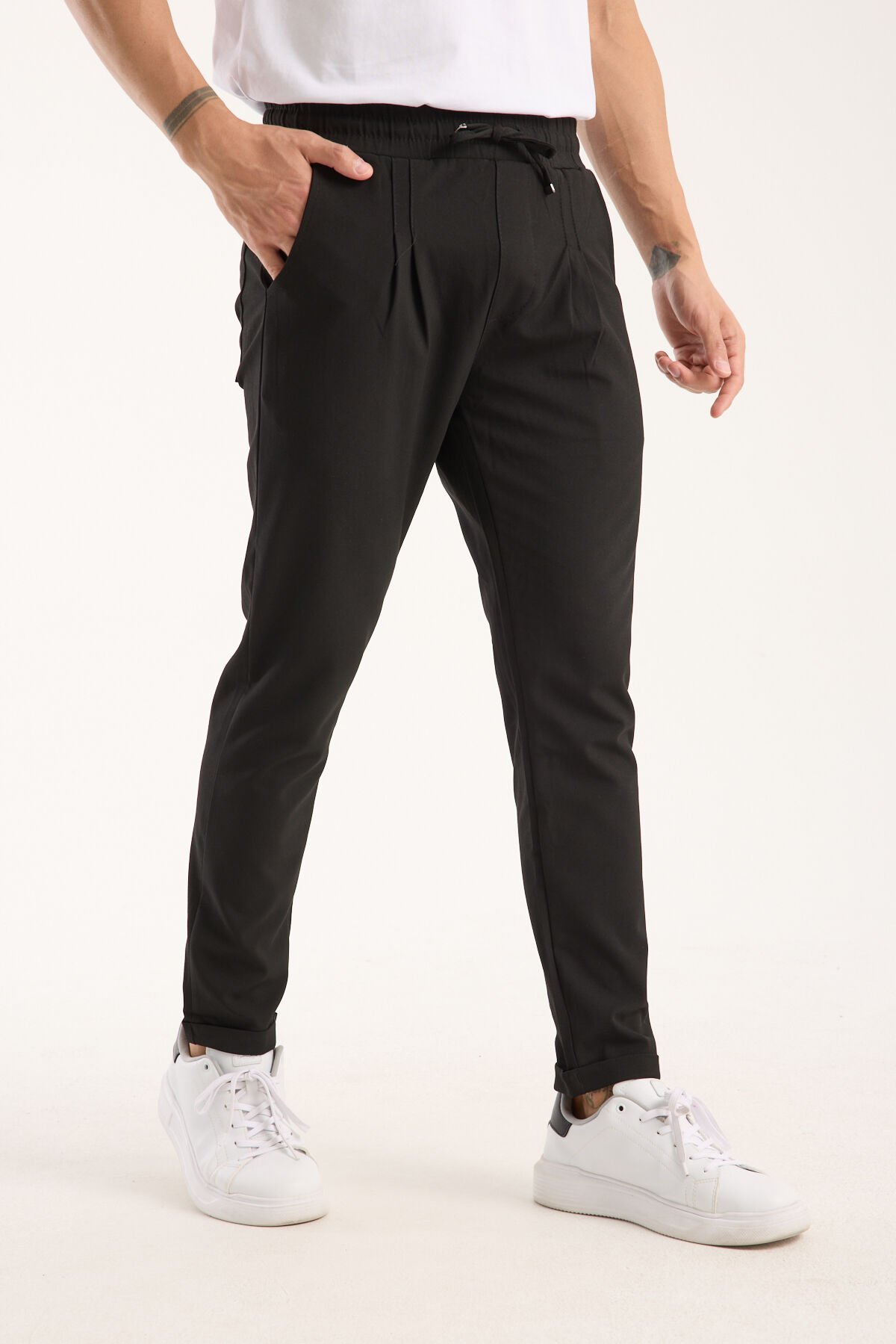 Erkek Jogger Pileli Bel Lastikli Bağcıklı Likralı Siyah Pantolon