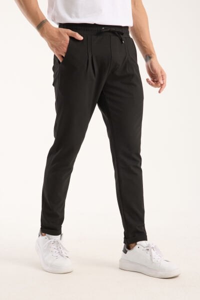 Erkek Jogger Pileli Bel Lastikli Bağcıklı Siyah lycrasız Pantolon