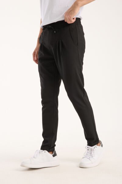 Erkek Jogger Pileli Bel Lastikli Bağcıklı Likralı Siyah Pantolon