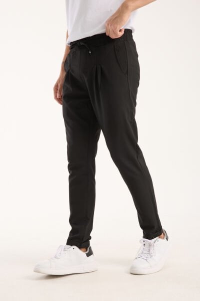 Erkek Jogger Pileli Bel Lastikli Bağcıklı Siyah lycrasız Pantolon