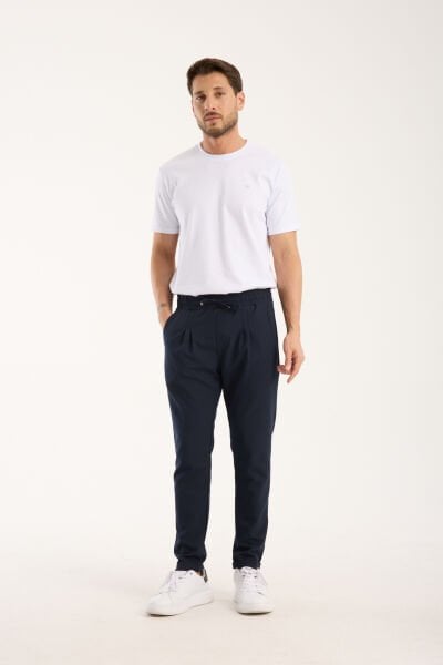 Erkek Jogger Pileli Bel Lastikli Bağcıklı Likralı Lacivert Pantolon