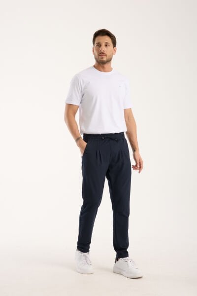 Erkek Jogger Pileli Bel Lastikli Bağcıklı Likralı Lacivert Pantolon