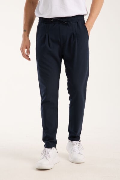 Erkek Jogger Pileli Bel Lastikli Bağcıklı Likralı Lacivert Pantolon